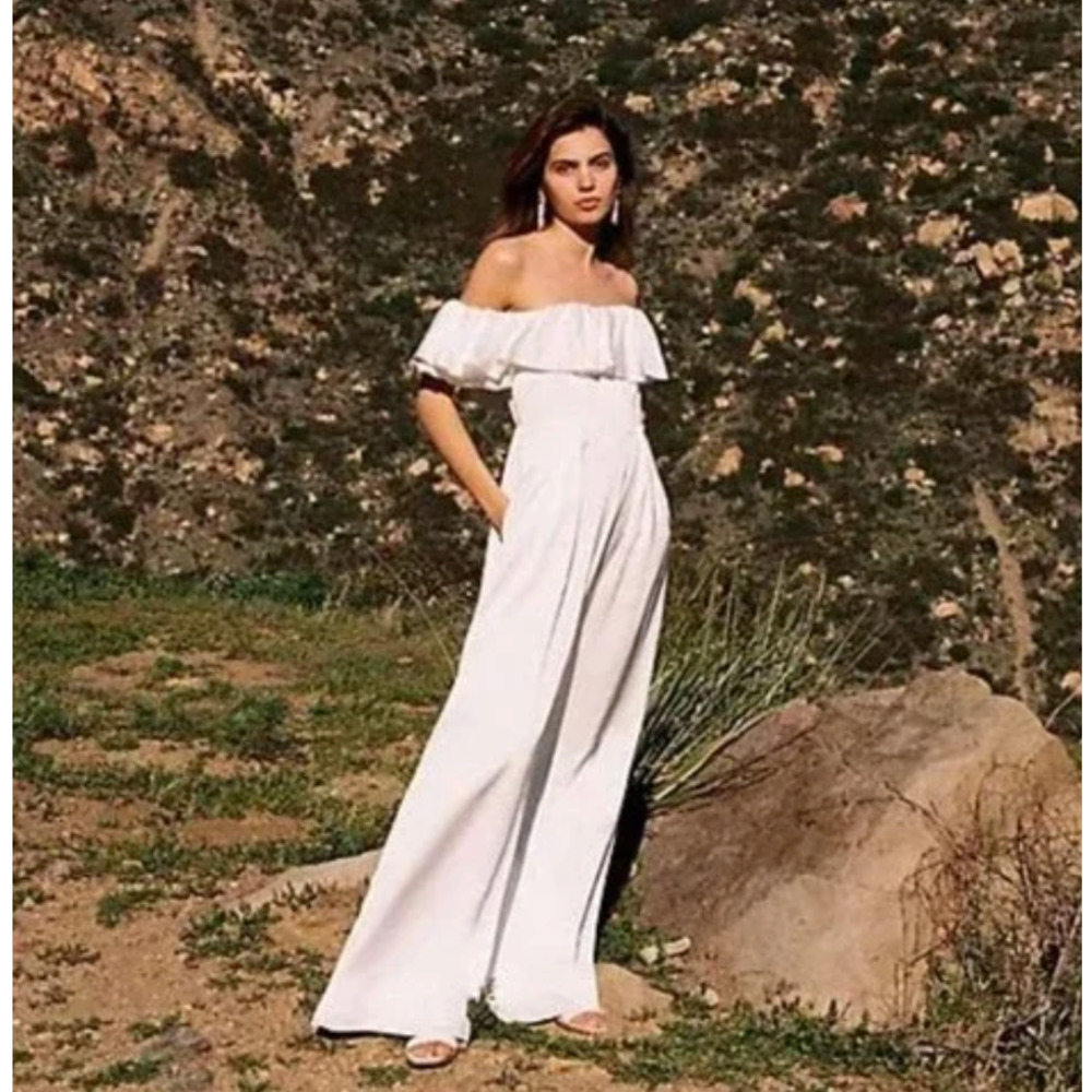 BHLDN x FAME & PARTNER Tessiah Ruffle Off Shoulder Jumpsuit White {3F49}